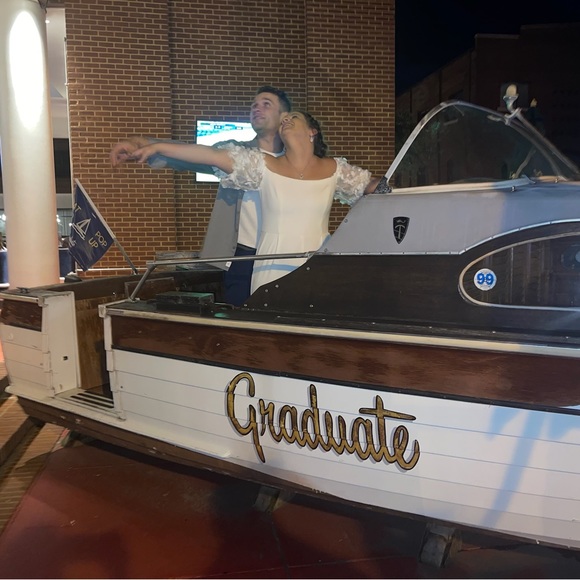 David’s Bridal off-the-shoulder floral puff sleeve jumpsuit - Picture 3 of 14